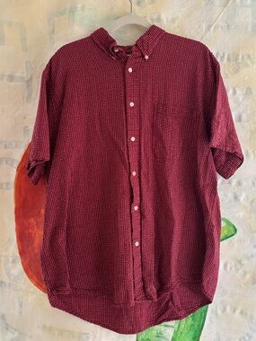 90s Cherokee Short-Sleeve Cotton Button-Down Shirt in Burgundy Check